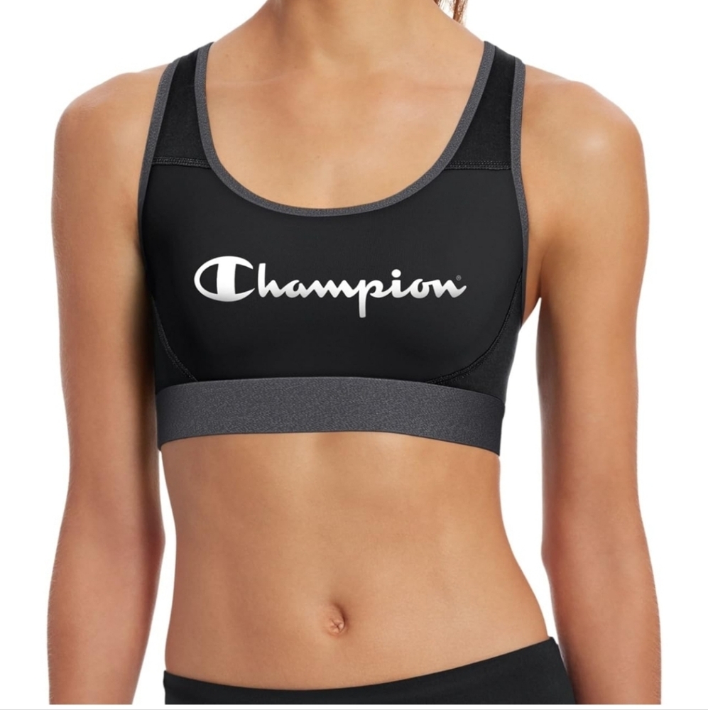 Champion Logo Sports Bra Black & Grey Granite Womens Size Small